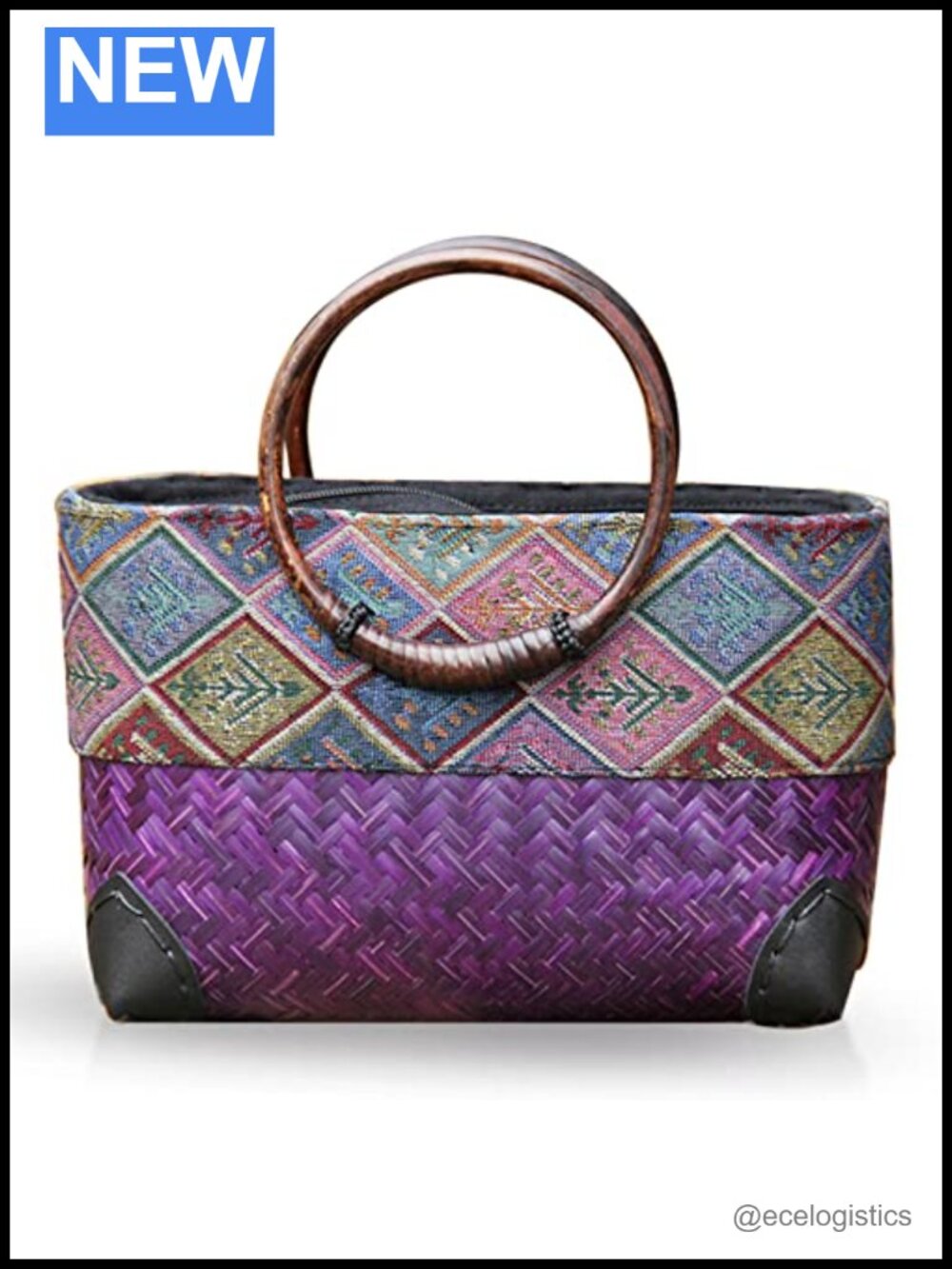 Handwoven Straw Tote Bag with Bamboo Handle, Bohemian Beach Bag, Large Capacity